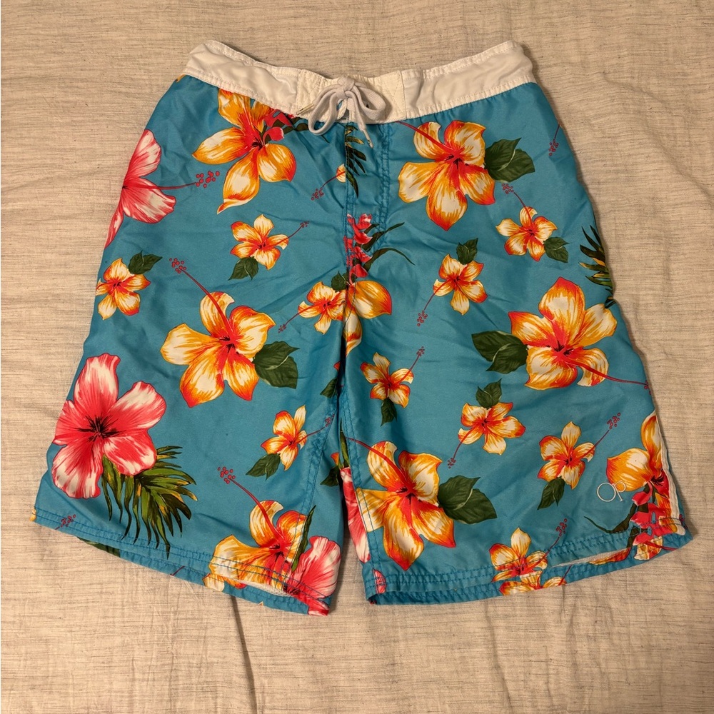 OP Ocean Pacific Men’s Size Medium Blue Hawaiian floral swim trunks swimsuit.